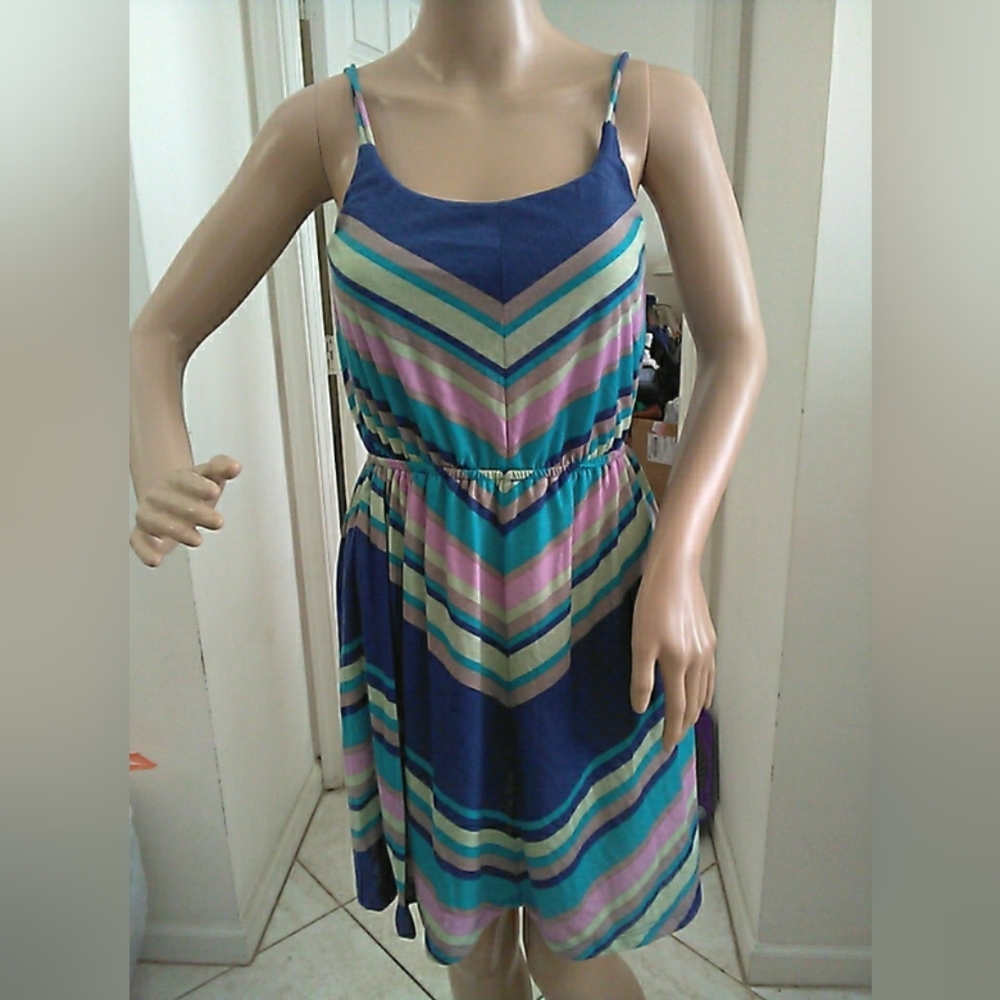 CASUAL DAY TRIP Striped Chevron Spaghetti-Strap Dress BlueTeal PINK GREEN SZ XS?